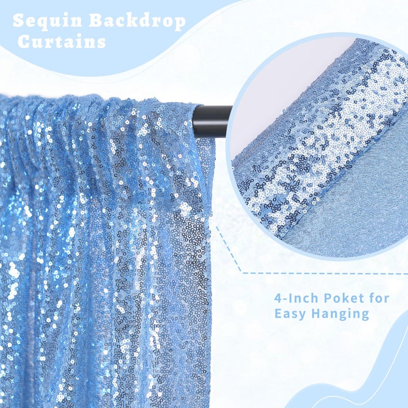 B.Cool B-COOL Baby Blue Sequin Backdrop Curtains 2 Pieces 2ftx8ft Party Photography Sparkly Background Prom Drapes Wedding Baby Shower Backdrops - Image 4